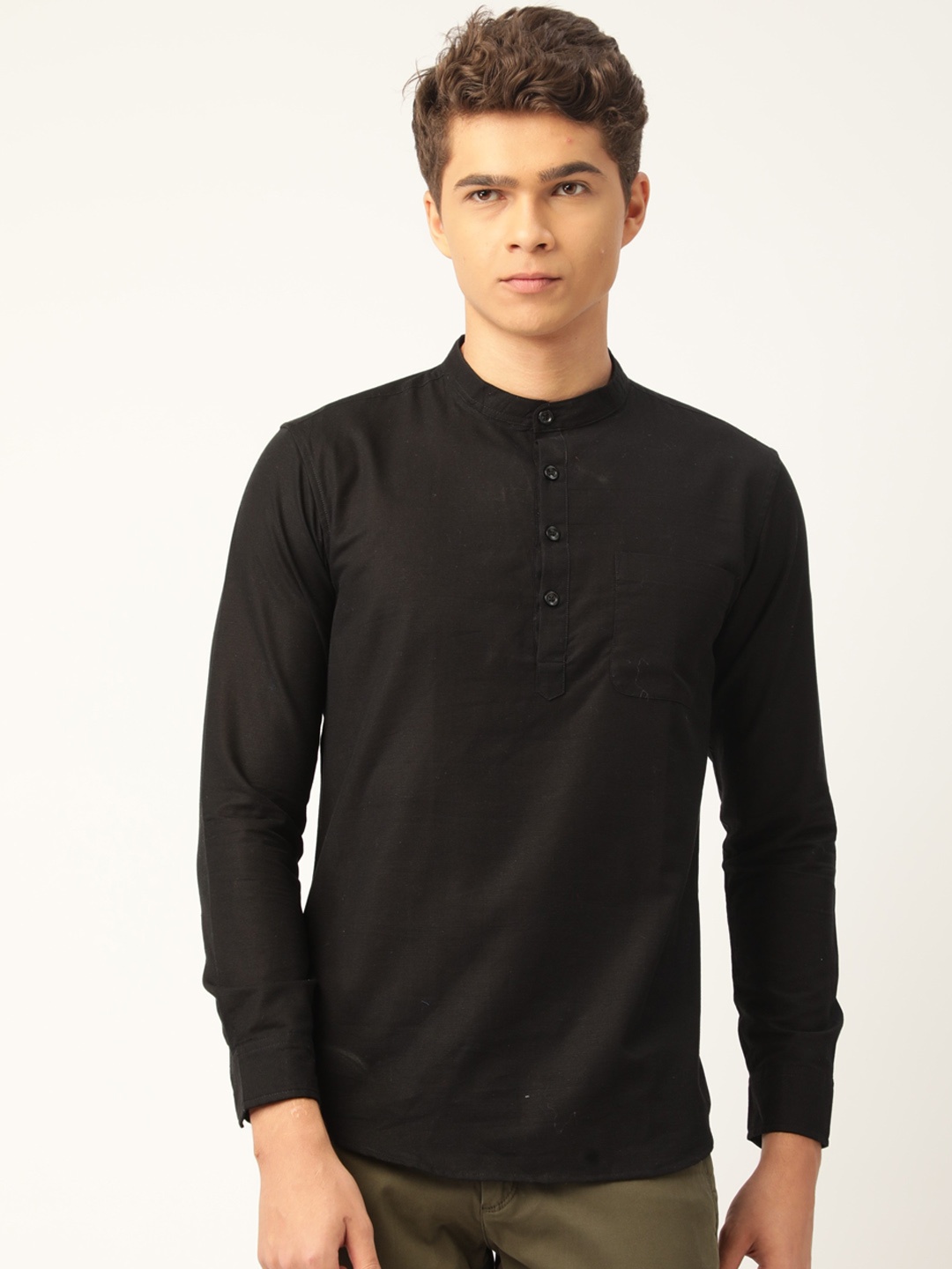 

WHITE HEART Men Above Knee Length Pure Cotton Kurta, Black