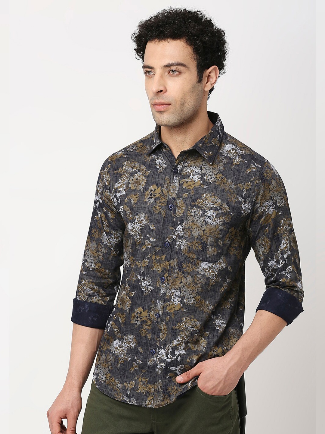 

VALEN CLUB Men Slim Fit Floral Printed Pure Cotton Casual Shirt, Grey