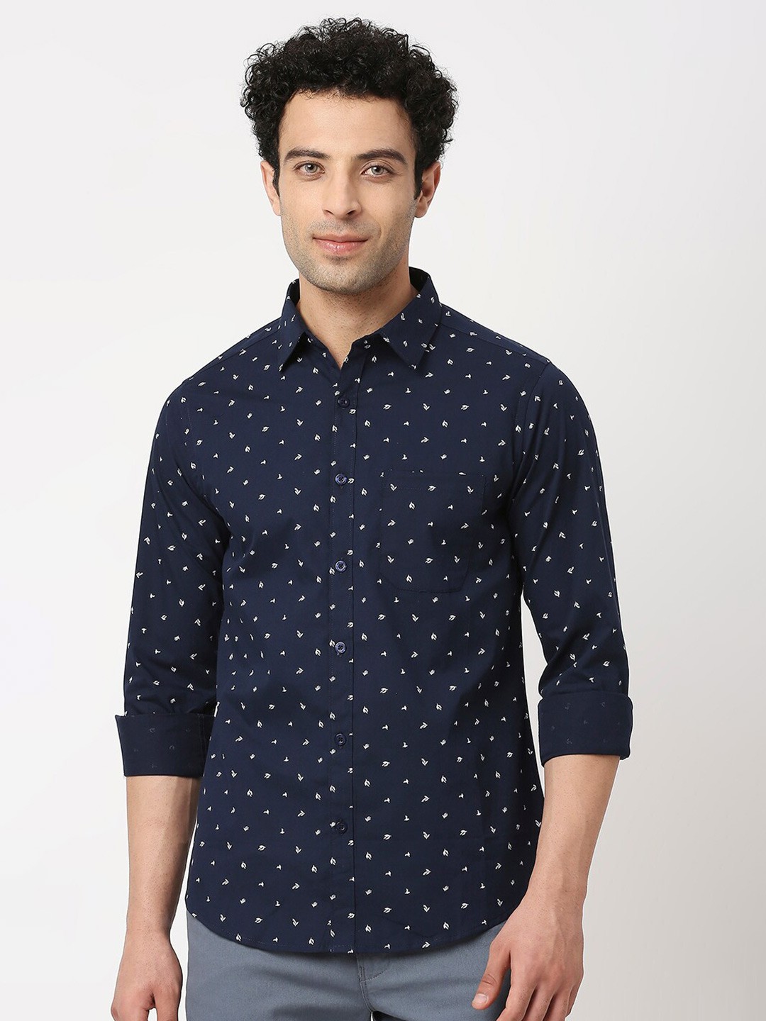 

VALEN CLUB Men Slim Fit Printed Pure Cotton Casual Shirt, Navy blue