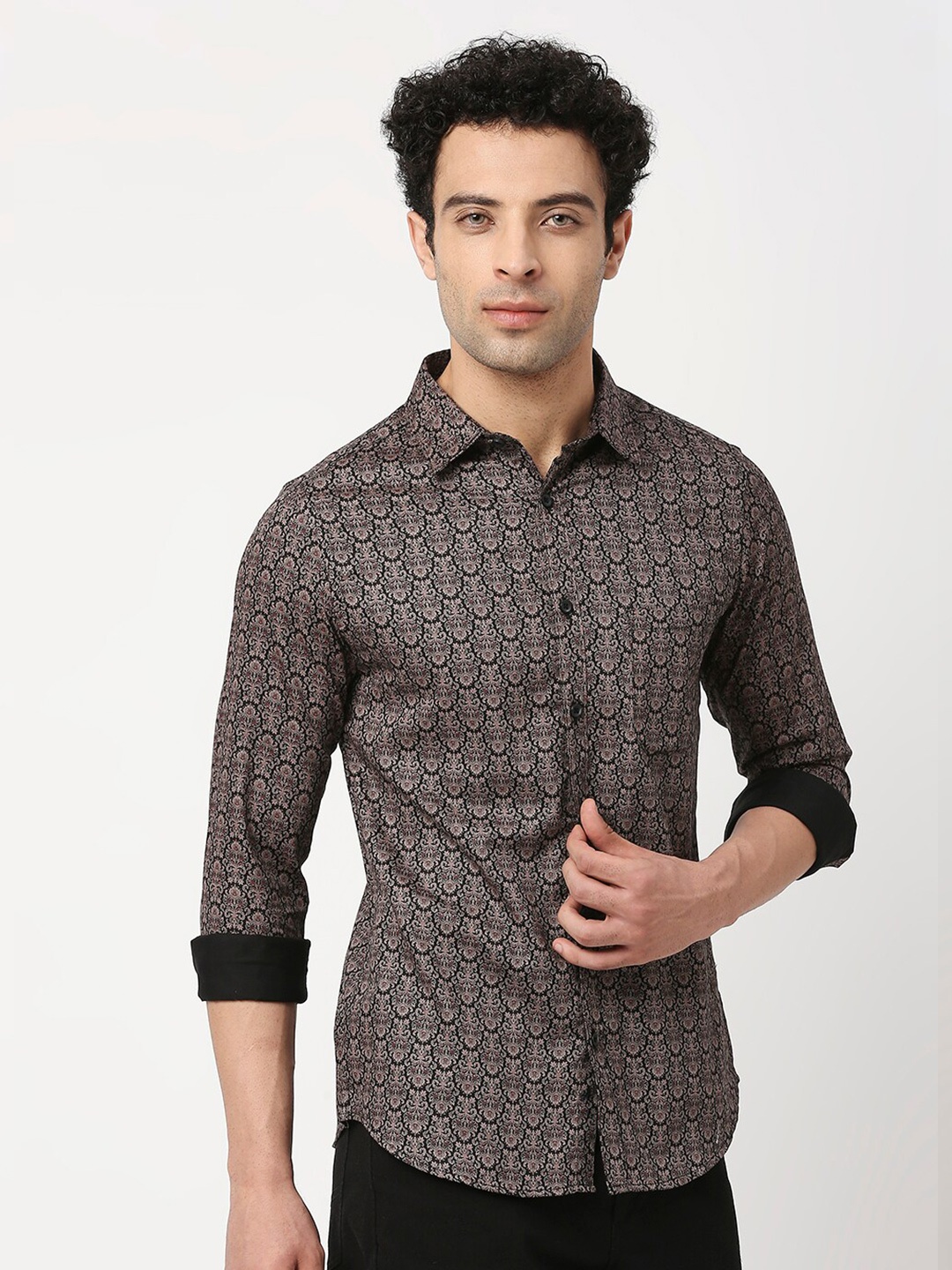 

VALEN CLUB Men Slim Fit Printed Pure Cotton Casual Shirt, Brown