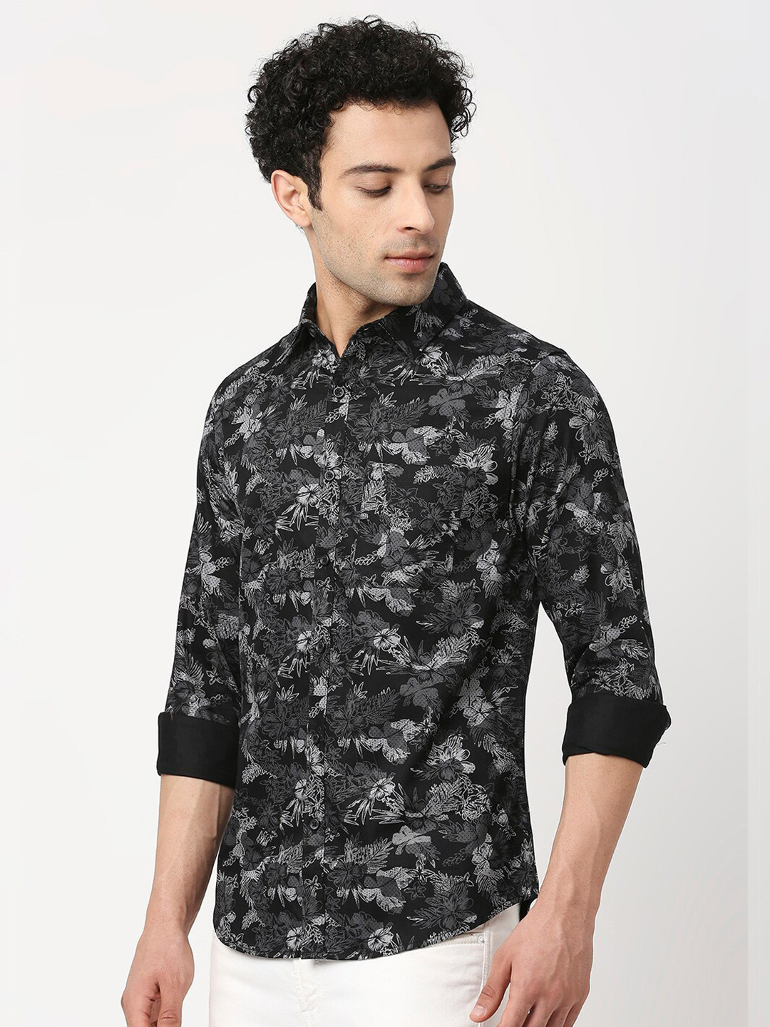 

VALEN CLUB Slim Fit Floral Printed Casual Pure Cotton Shirt, Black