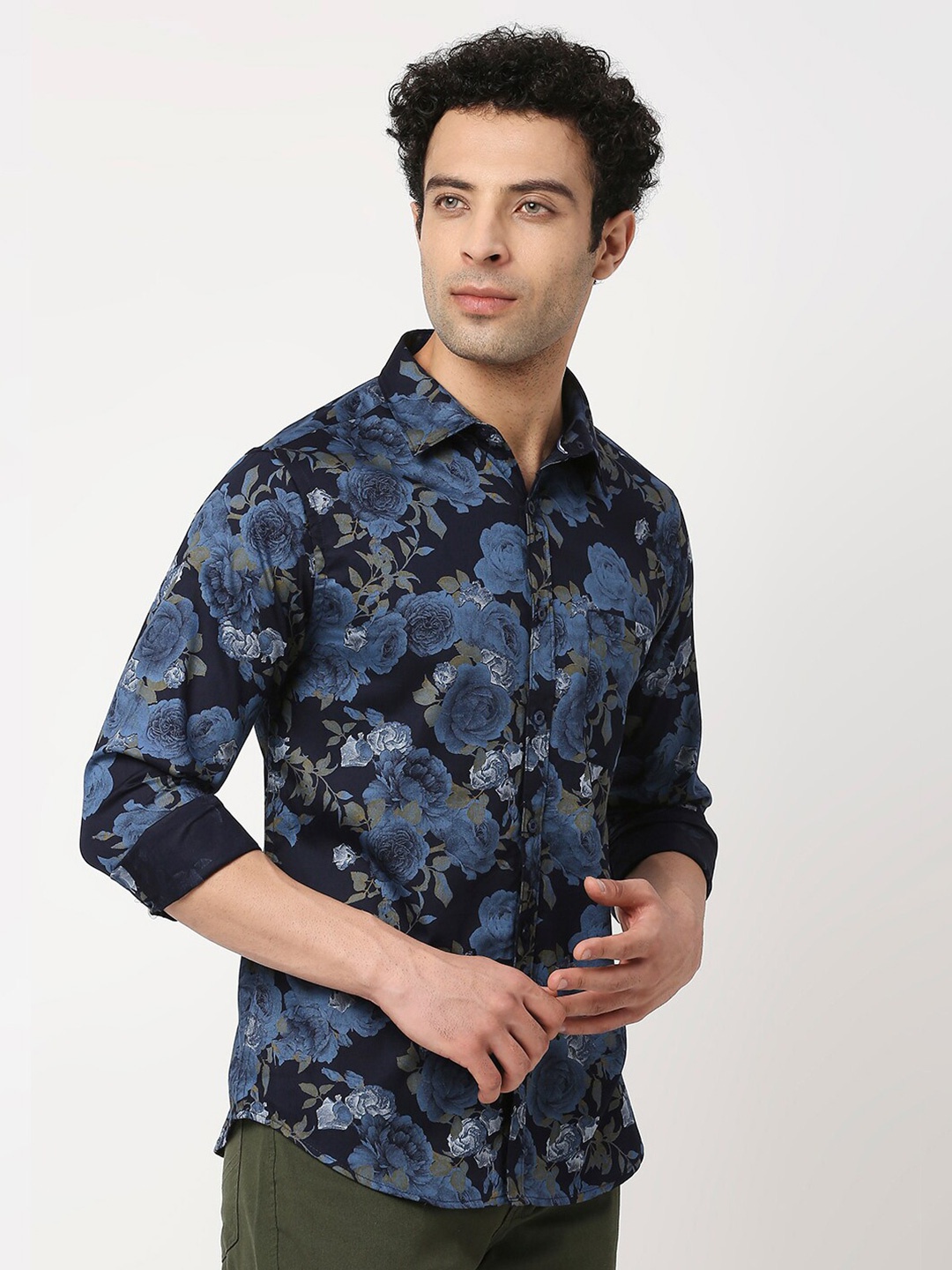 

VALEN CLUB Slim Fit Floral Printed Casual Pure Cotton Shirt, Blue