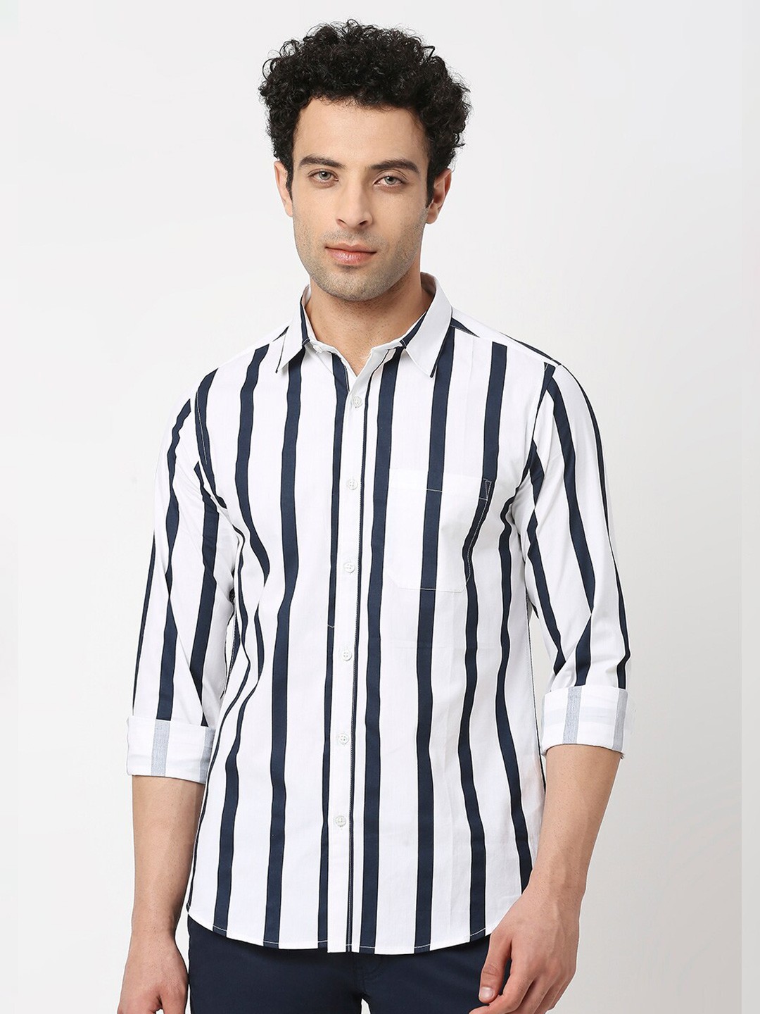 

VALEN CLUB Men Slim Fit Striped Casual Cotton Shirt, Navy blue