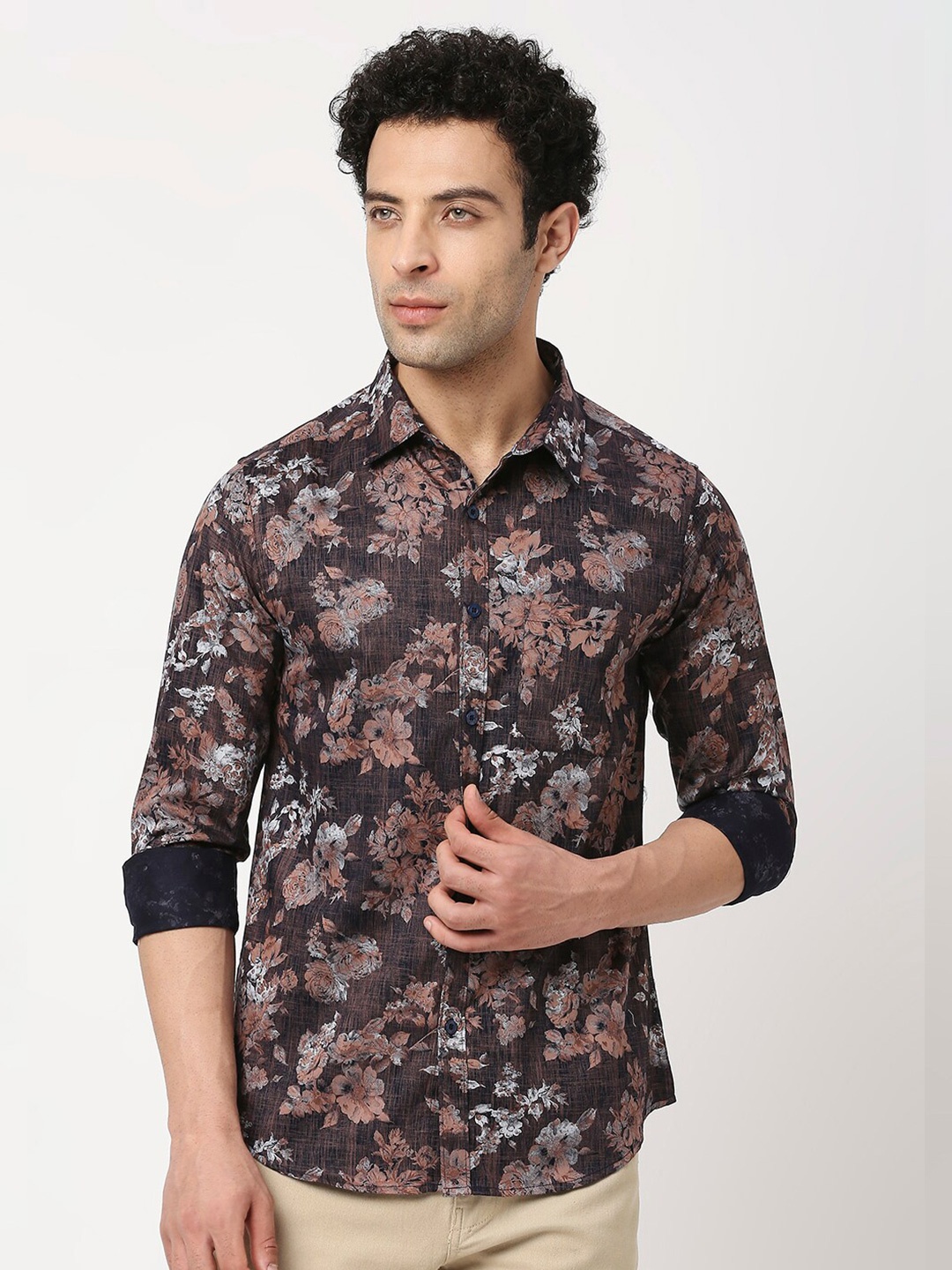 

VALEN CLUB Slim Fit Floral Printed Casual Pure Cotton Shirt, Brown