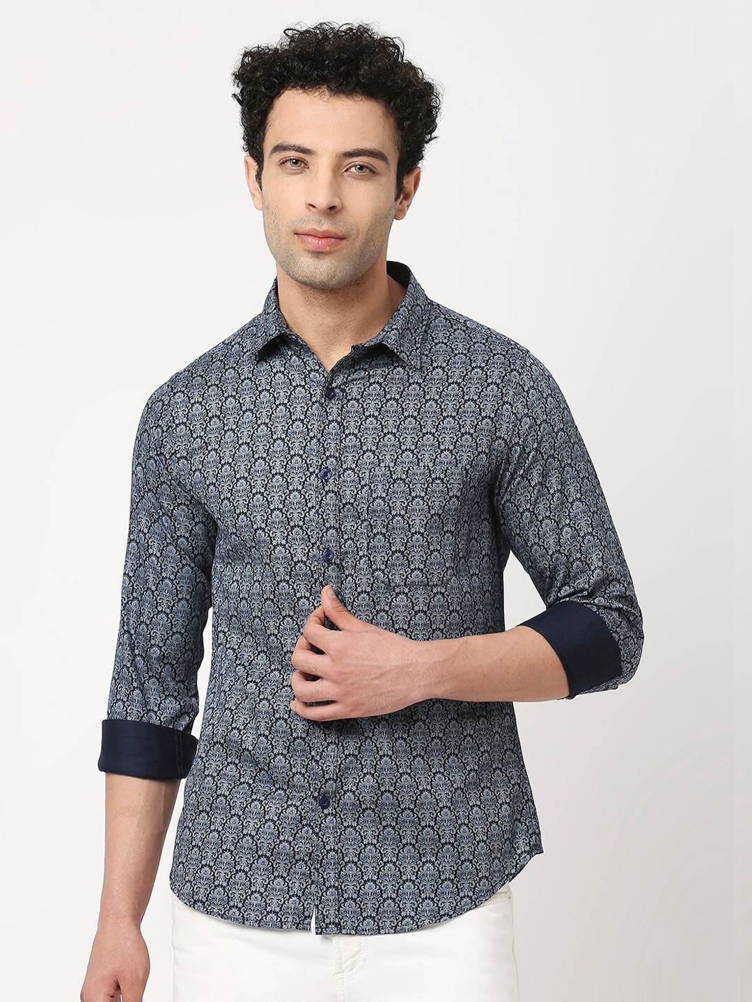 

VALEN CLUB Men Slim Fit Floral Printed Casual Cotton Shirt, Navy blue
