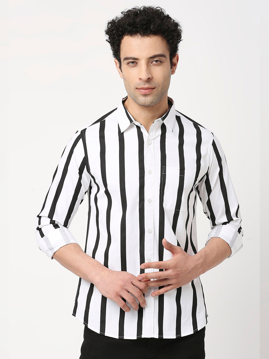 

VALEN CLUB Men Slim Fit Striped Casual Cotton Shirt, Black