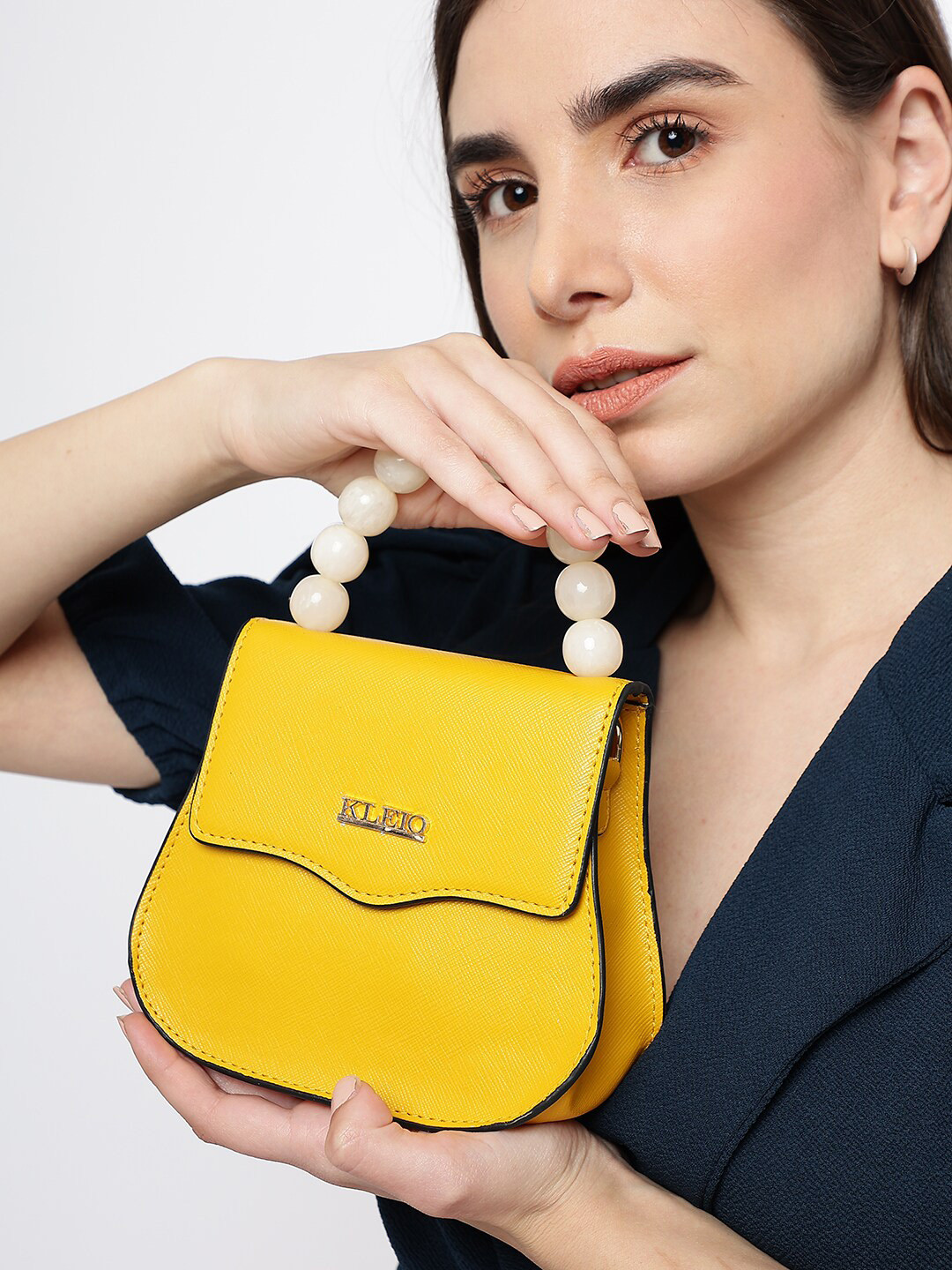 

KLEIO Pearl Beaded Top Handle Mini Sling Hand Bag, Mustard
