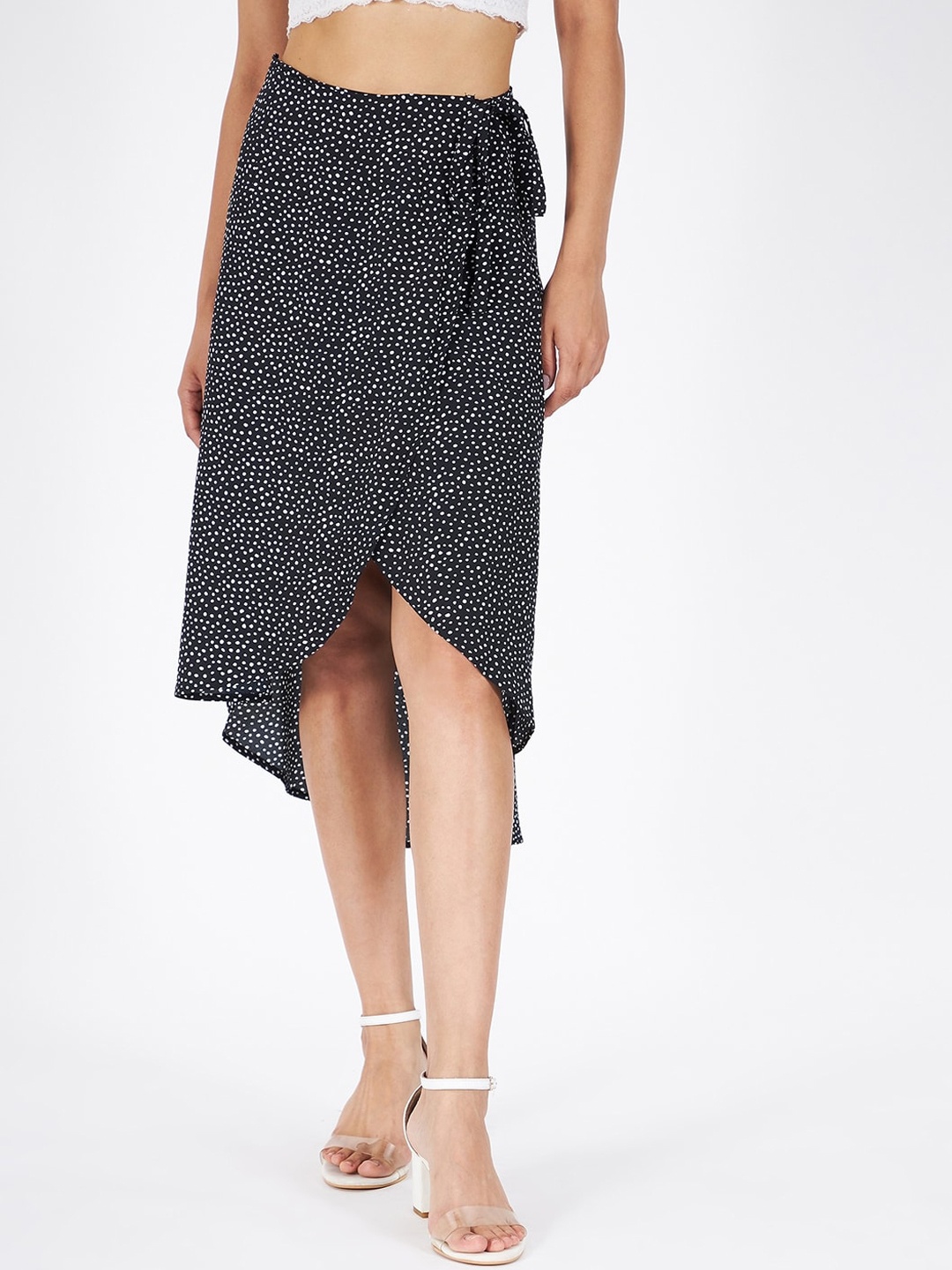 

Kibo Polka Dots Printed Midi Wrap Skirt, Black