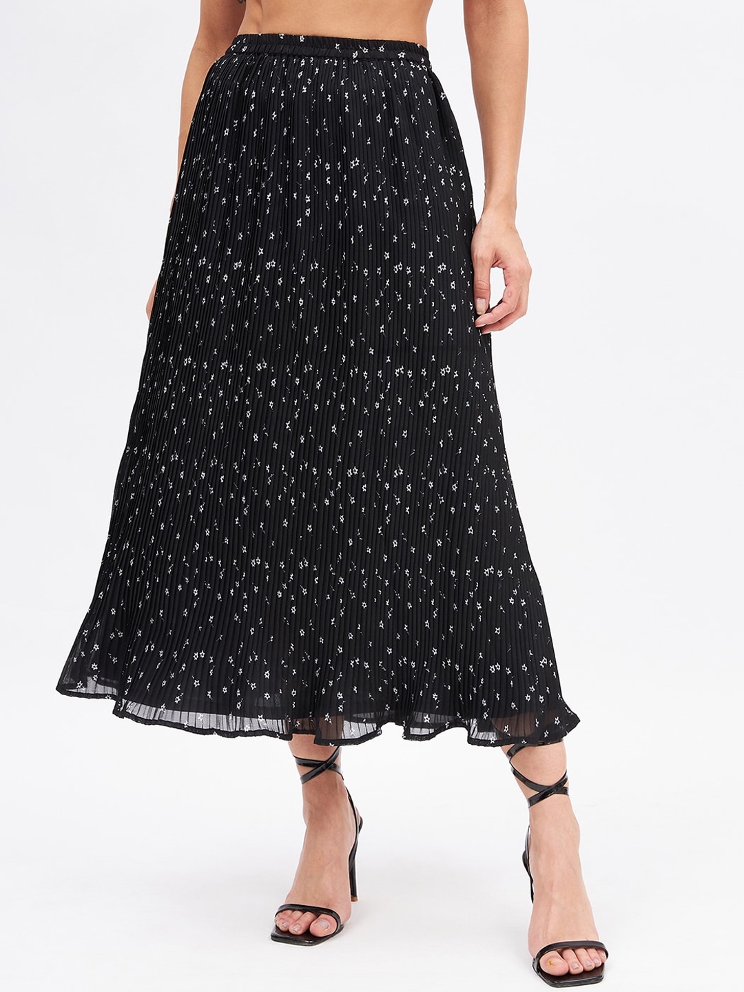 

Kibo Floral Printed Pleated A-Line Midi Skirt, Black