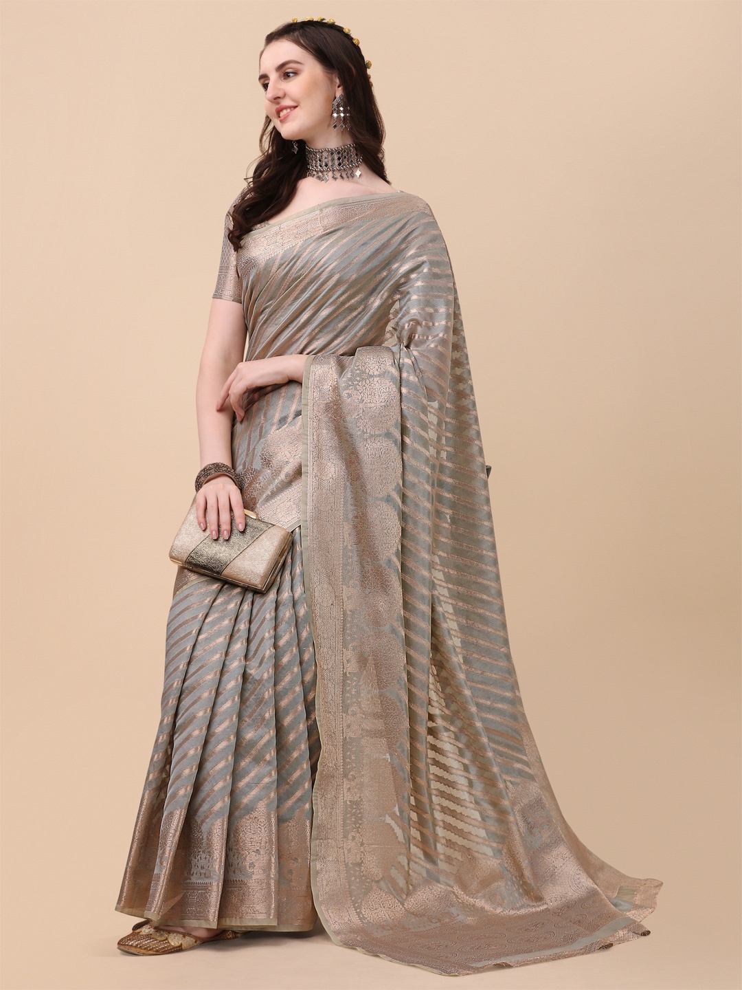 

Sangria Woven Design Embellished Zari Silk Blend Banarasi Saree, Grey