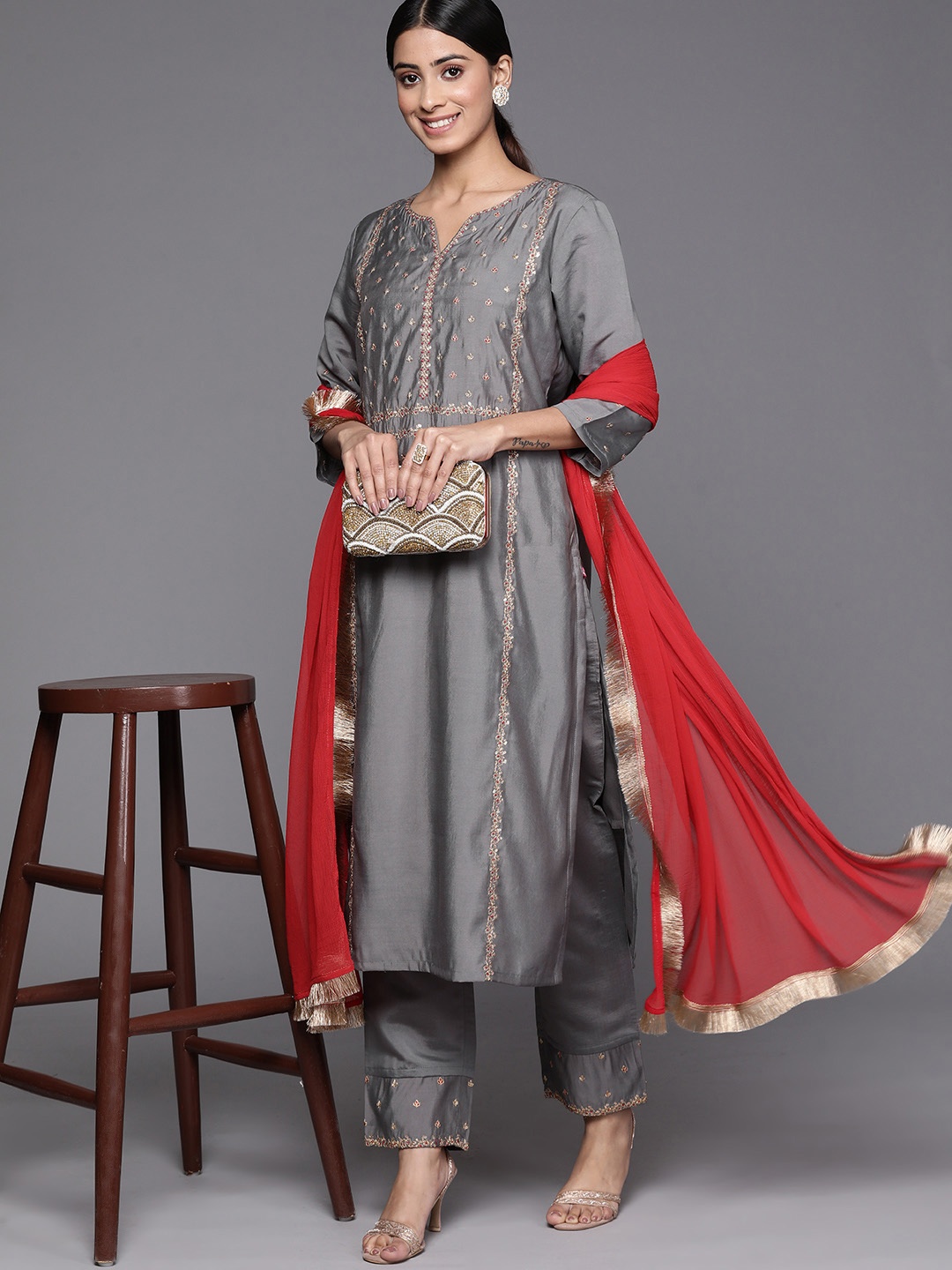 

Varanga Women Ethnic Motifs Embroidered Kurta with Trousers & With Dupatta, Grey