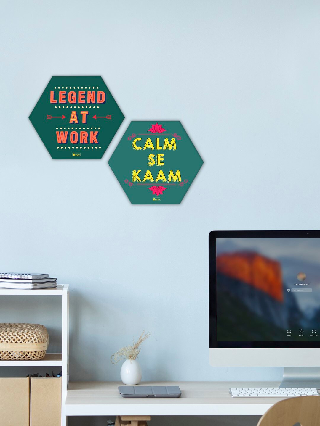 

Indigifts Set of 2 Legend at Work & Calm se Kaam Printed Hexagon Wall Hangings, Green