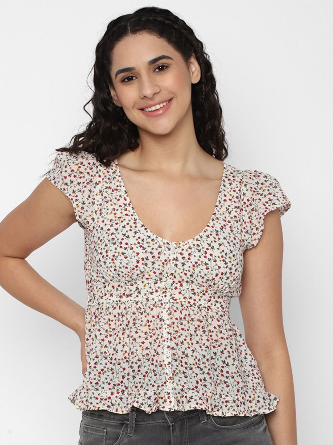 

AMERICAN EAGLE OUTFITTERS Floral Print Cotton Top, White