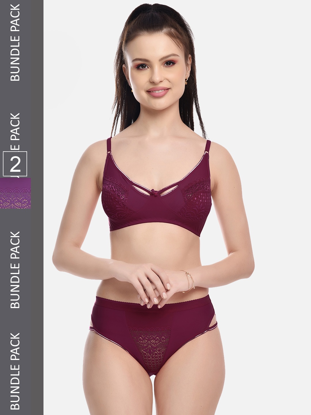 

FIMS Pack Of 2 Laced Lingerie Set NEW_Karina_Set_PurpleWine_B, Purple