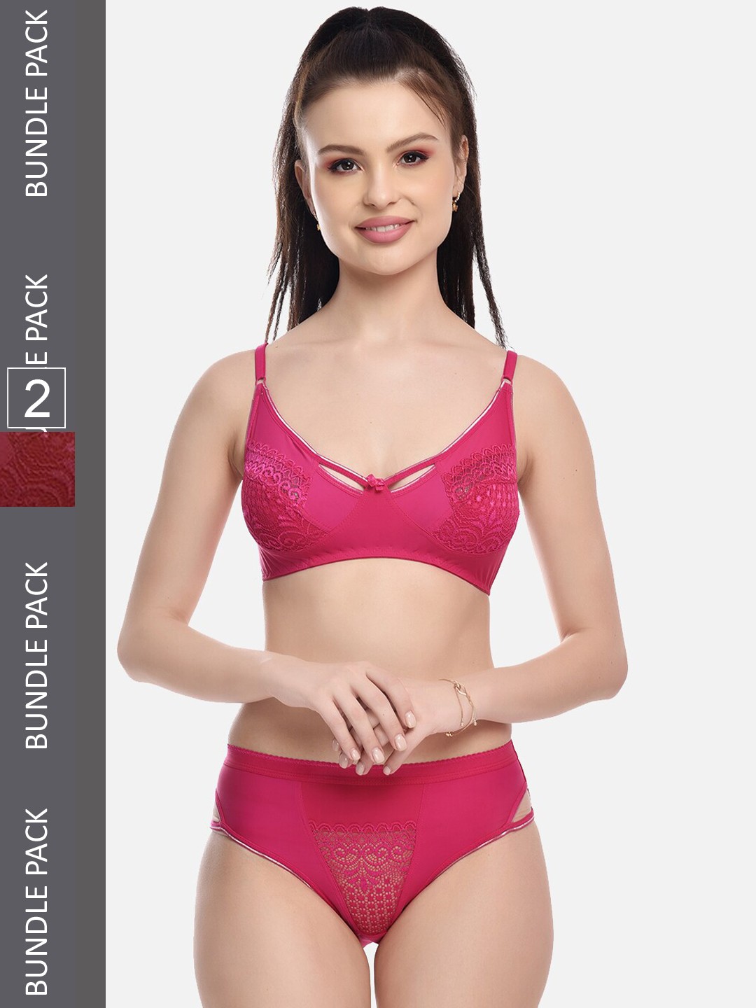 

FIMS Pack Of 2 Self-Design Laced Lingerie Set NEW_Karina_Set_PinkMaroon_B, Pink