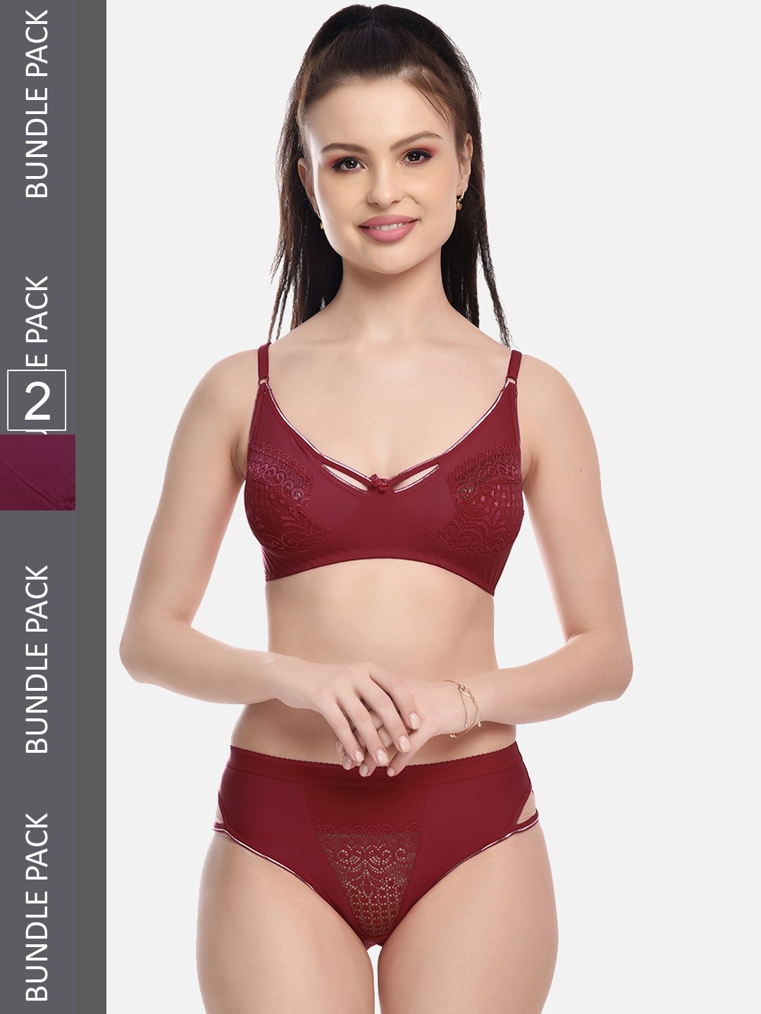 

FIMS Pack Of 2 Self-Design Lingerie Set NEW_Karina_Set_MaroonWine_B, Maroon