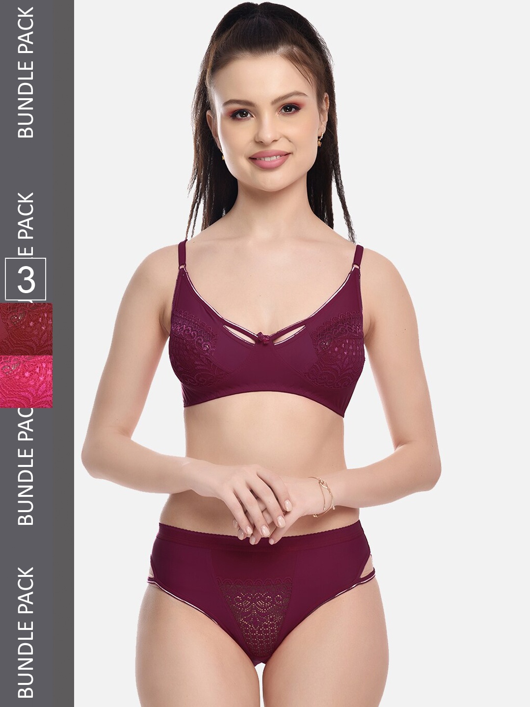 

FIMS Pack Of 2 Solid Laced LingerieNEW_Karina_Set_PinkMaroonWine_B, Pink
