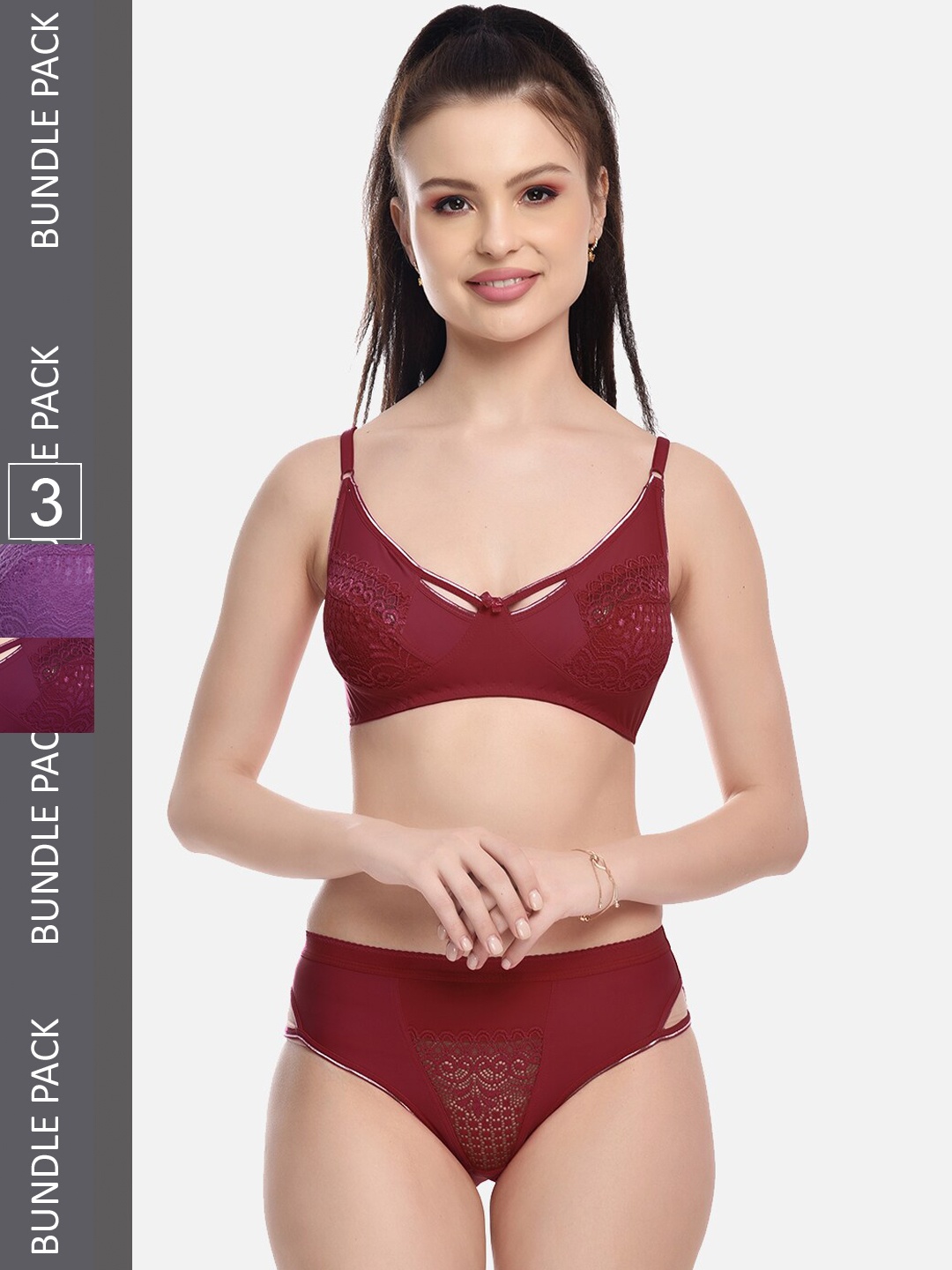 

FIMS Pack Of 3 Self-Design Lingerie Set NEW_Karina_Set_PurpleMaroonWine_B, Purple