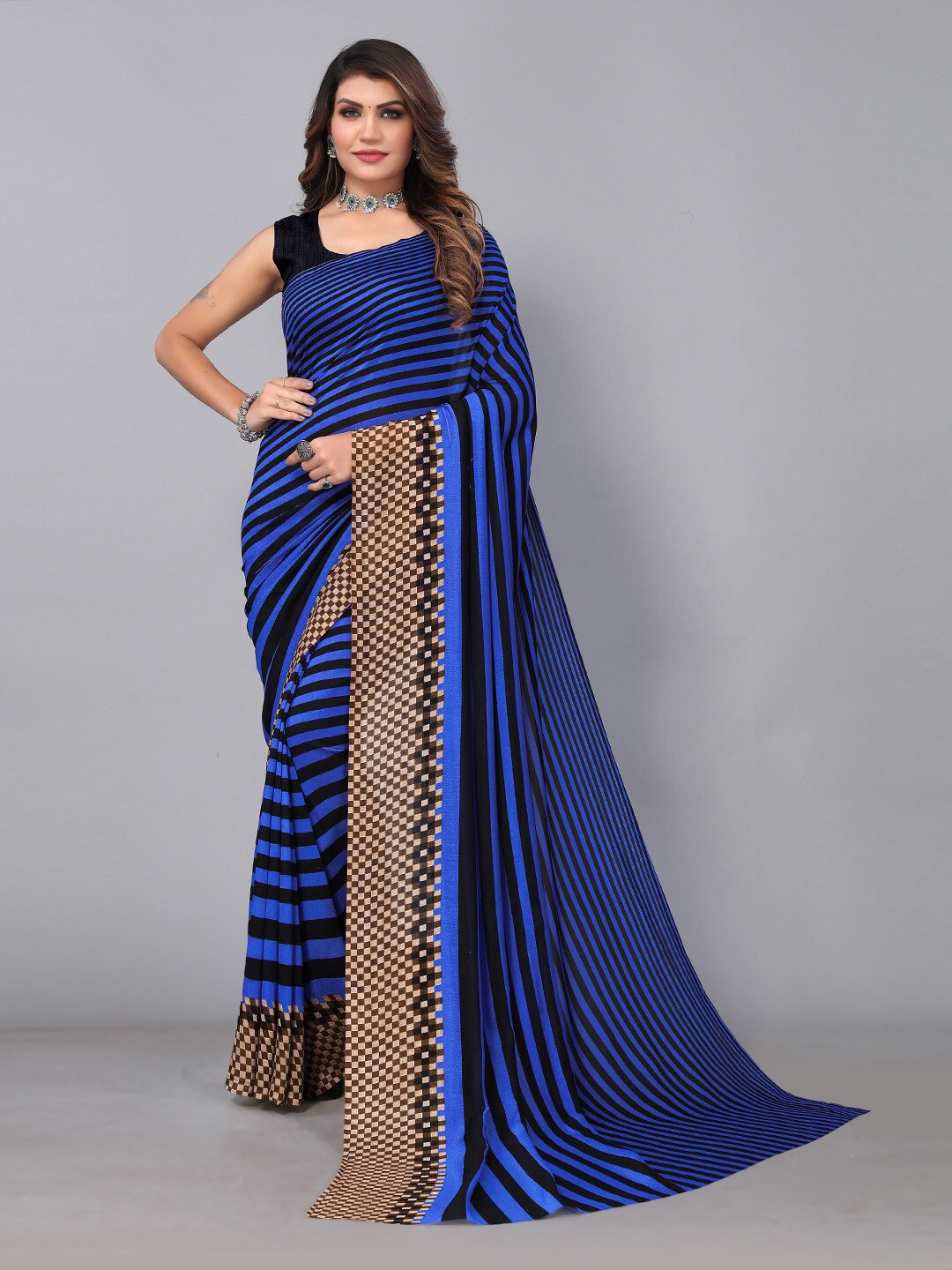 

HRITIKA Striped Pure Georgette Saree, Blue