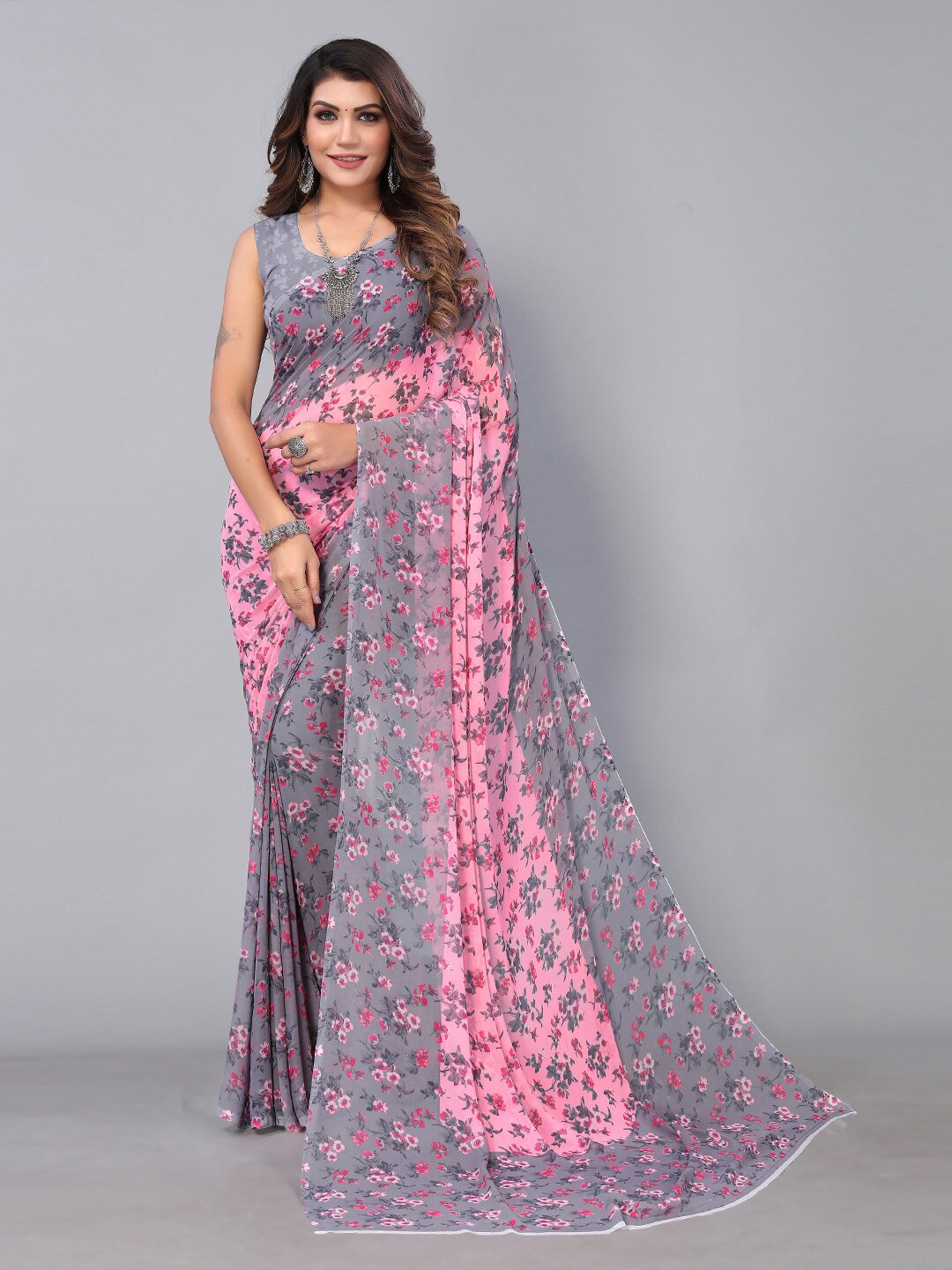 HRITIKA Floral Pure Georgette Saree, Grey