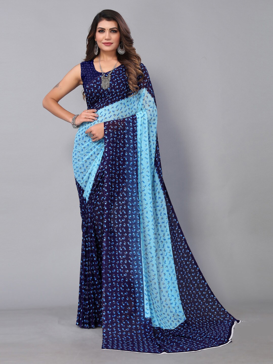 HRITIKA Floral Printed Pure Georgette Saree, Navy blue