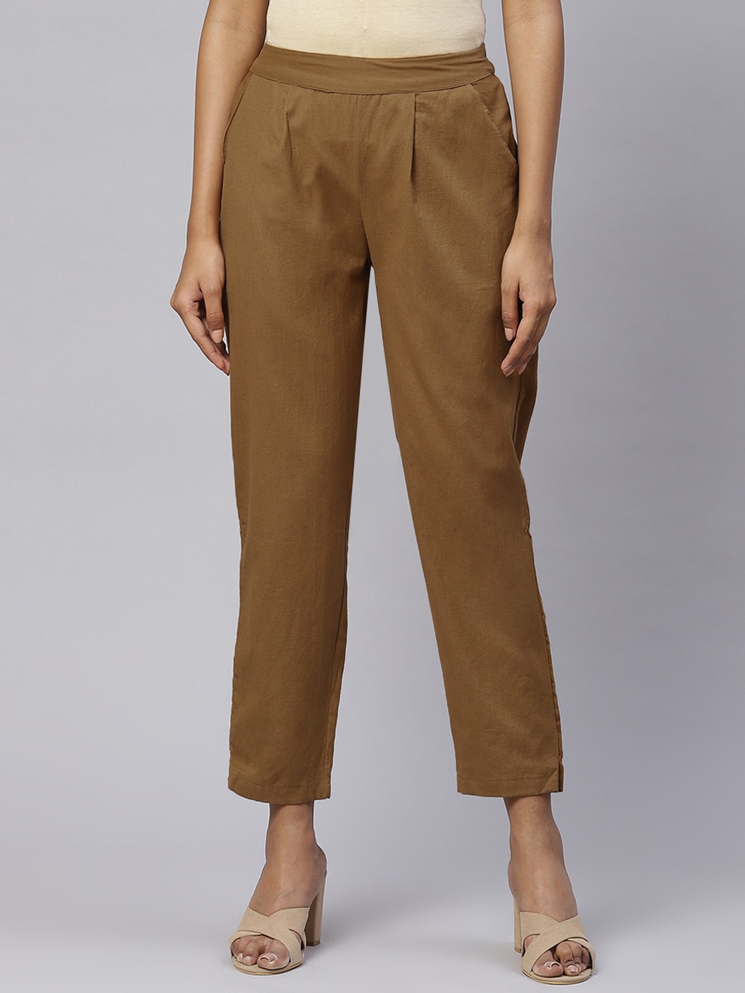 

FabbibaPrints Women Cotton Pleated Trousers, Brown