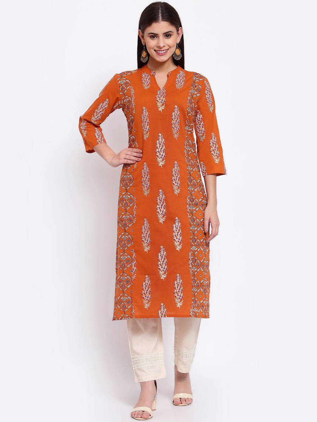 

FabbibaPrints Ethnic Motifs Printed Mandarin Collar Cotton Kurta, Orange