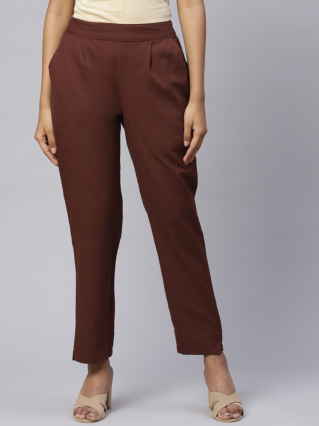 

FabbibaPrints Women Cotton Solid Pleated Trousers, Brown