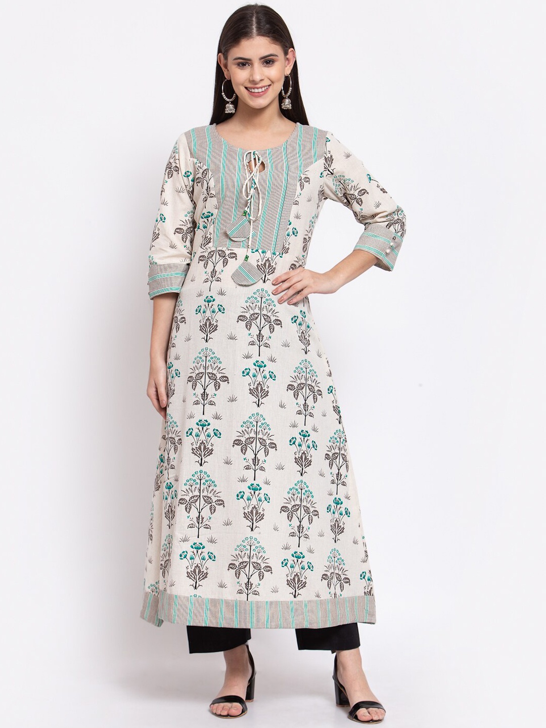 

FabbibaPrints Round Neck Floral Printed Anarkali Regular Fit Cotton Kurta, Green