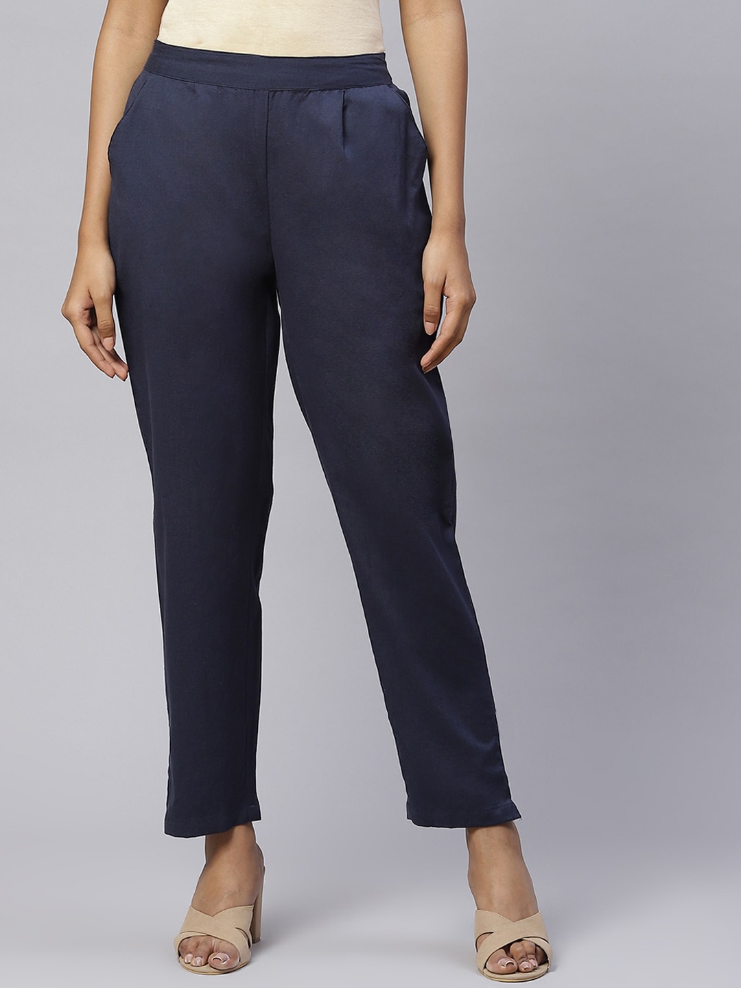 

FabbibaPrints Women Cotton Solid Trousers, Navy blue