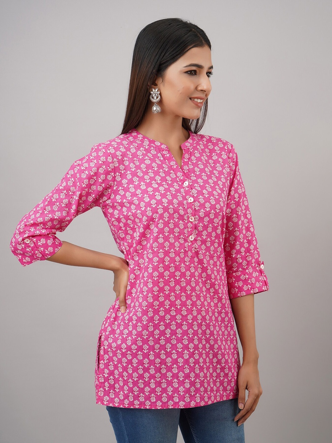 

FabbibaPrints Mandarin Collar Floral Printed Cotton Tunic, Pink