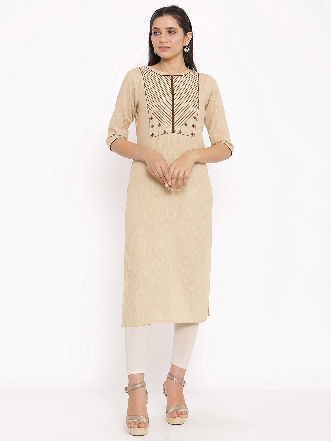 

FabbibaPrints Ethnic Motifs Yoke Design Thread Work Cotton Kurta, Beige