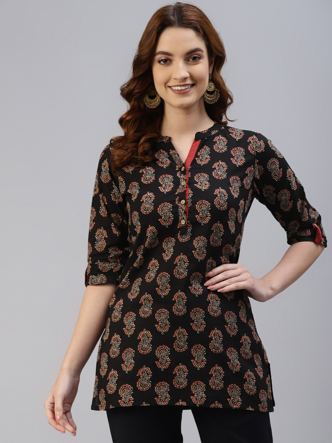 

FabbibaPrints Mandarin Collar Floral Printed Cotton Tunic, Black