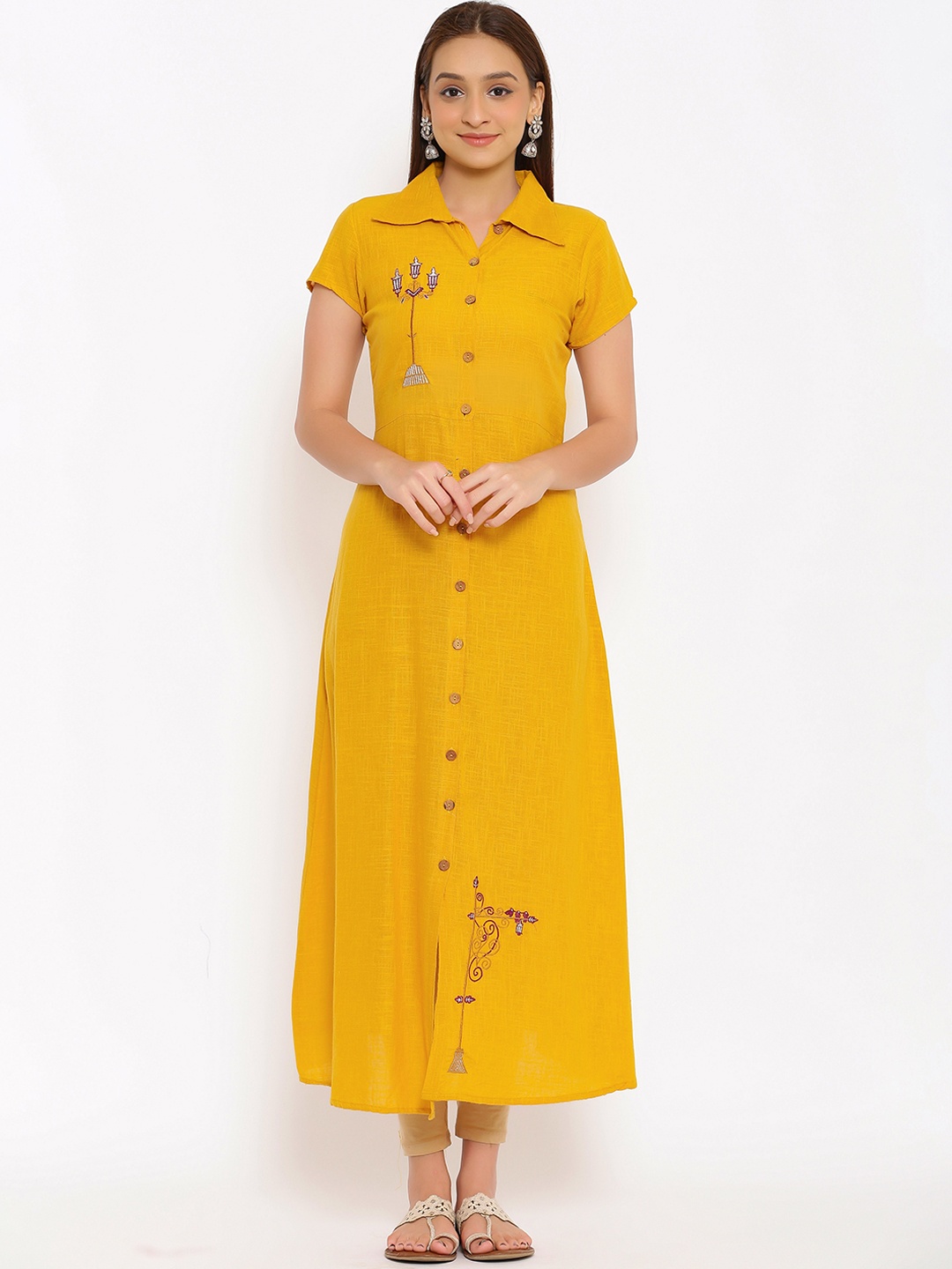 

FabbibaPrints Quirky Embroidered Thread Work Cotton A-Line Kurta, Mustard