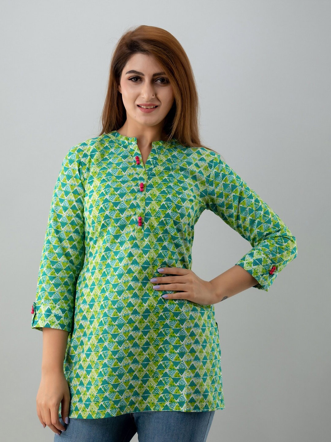 

FabbibaPrints Mandarin Collar Printed Cotton Tunic, Green