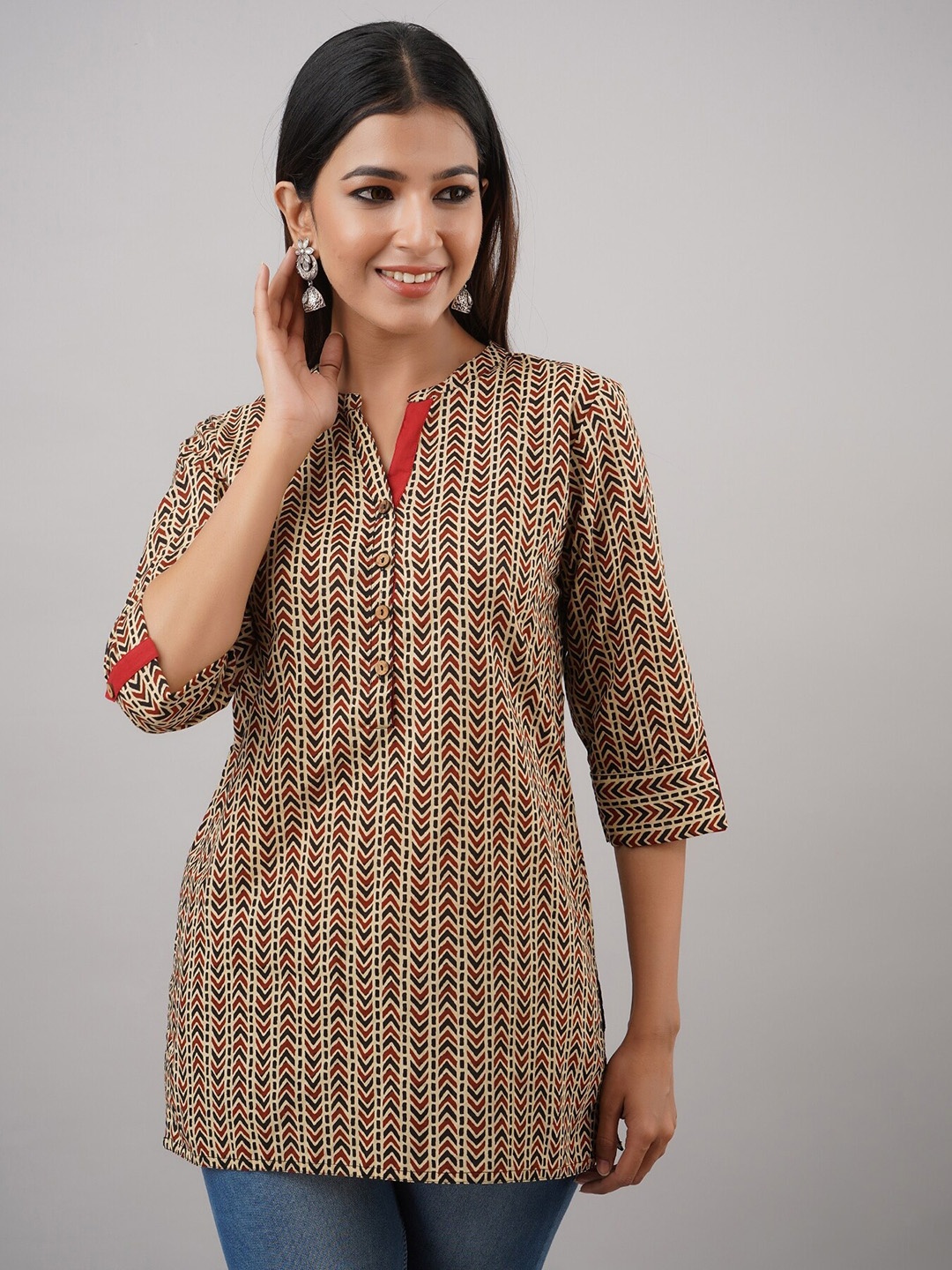 

FabbibaPrints Mandarin Collar Printed Cotton Tunic, Beige