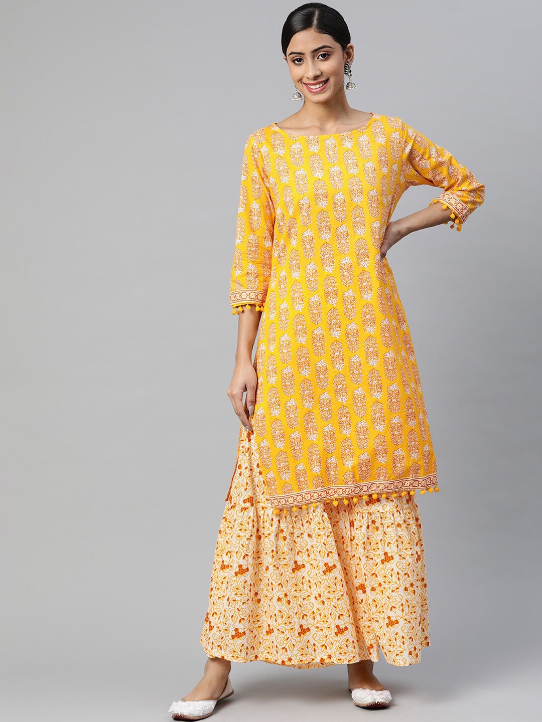 

FabbibaPrints Women Floral Printed Pure Cotton Kurta with Sharara, Yellow