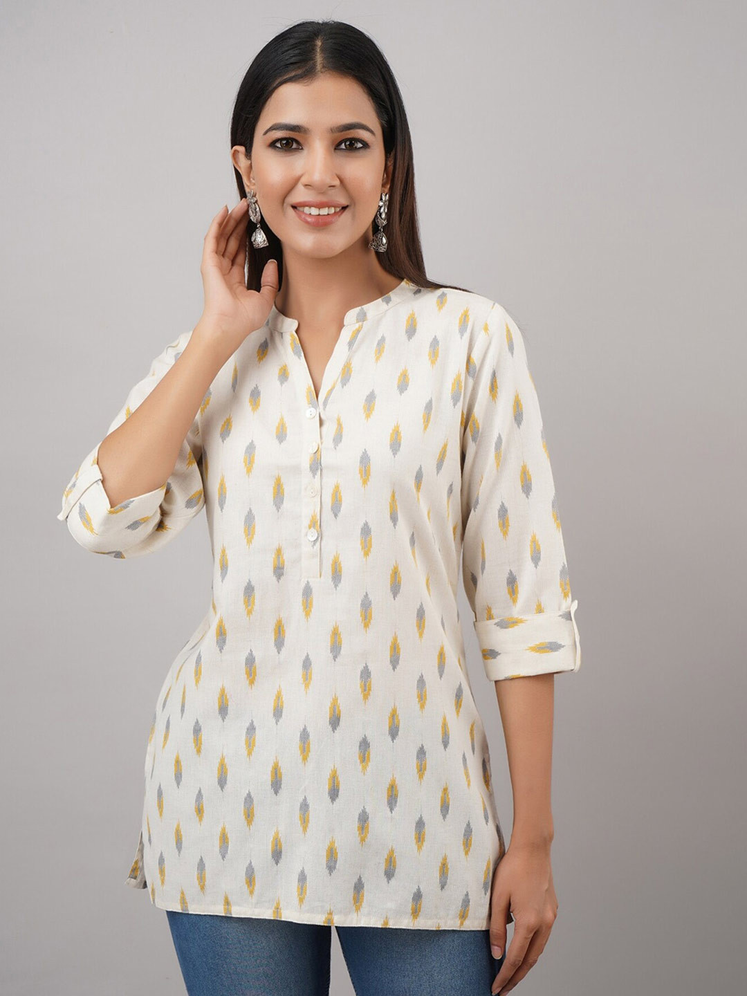 

FabbibaPrints Mandarin Collar Printed Cotton Tunic, White