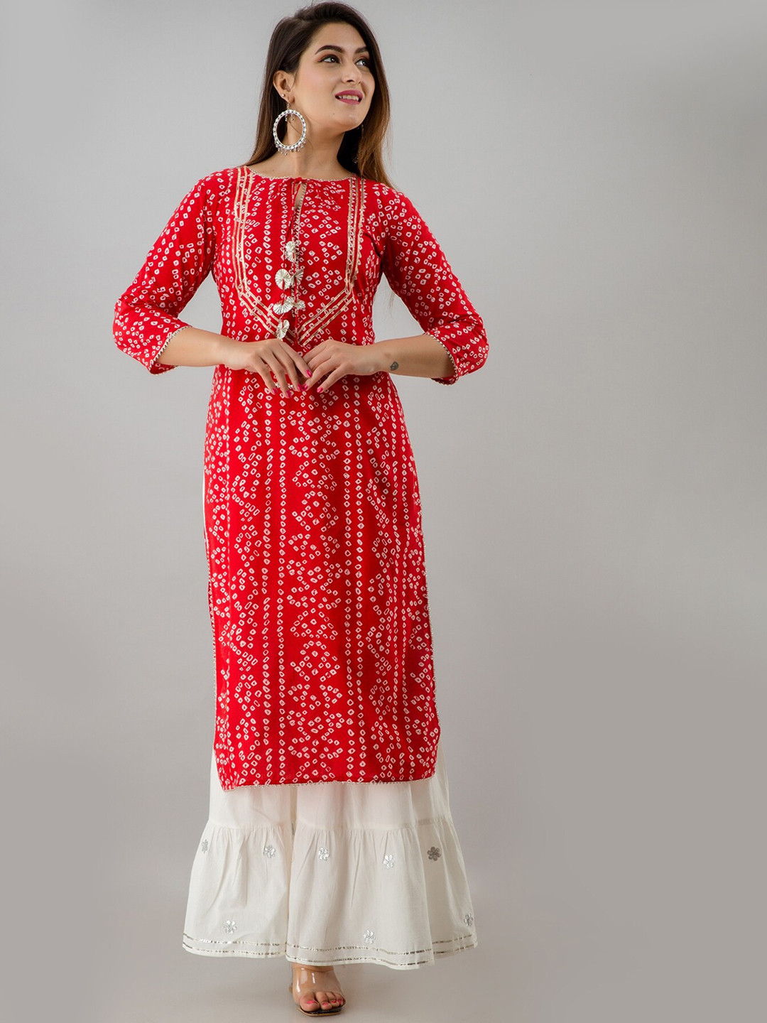 

FabbibaPrints Women Bandhani Printed Pure Cotton Kurta with Sharara, Red