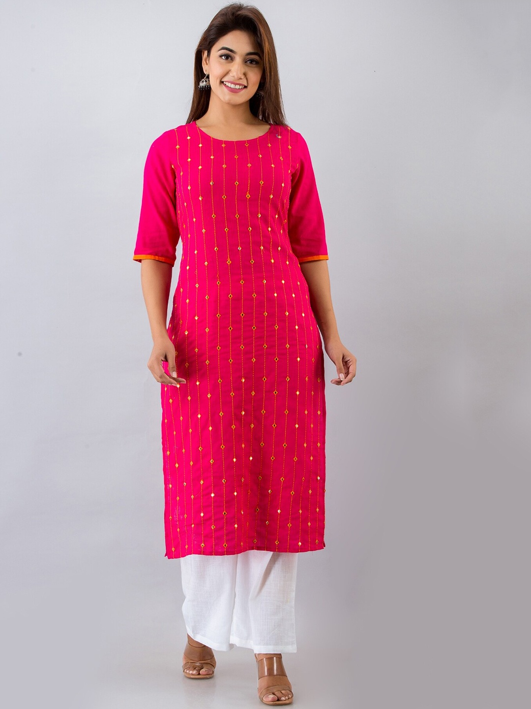 

FabbibaPrints Embroidered Mirror Work Cotton Kurta, Pink