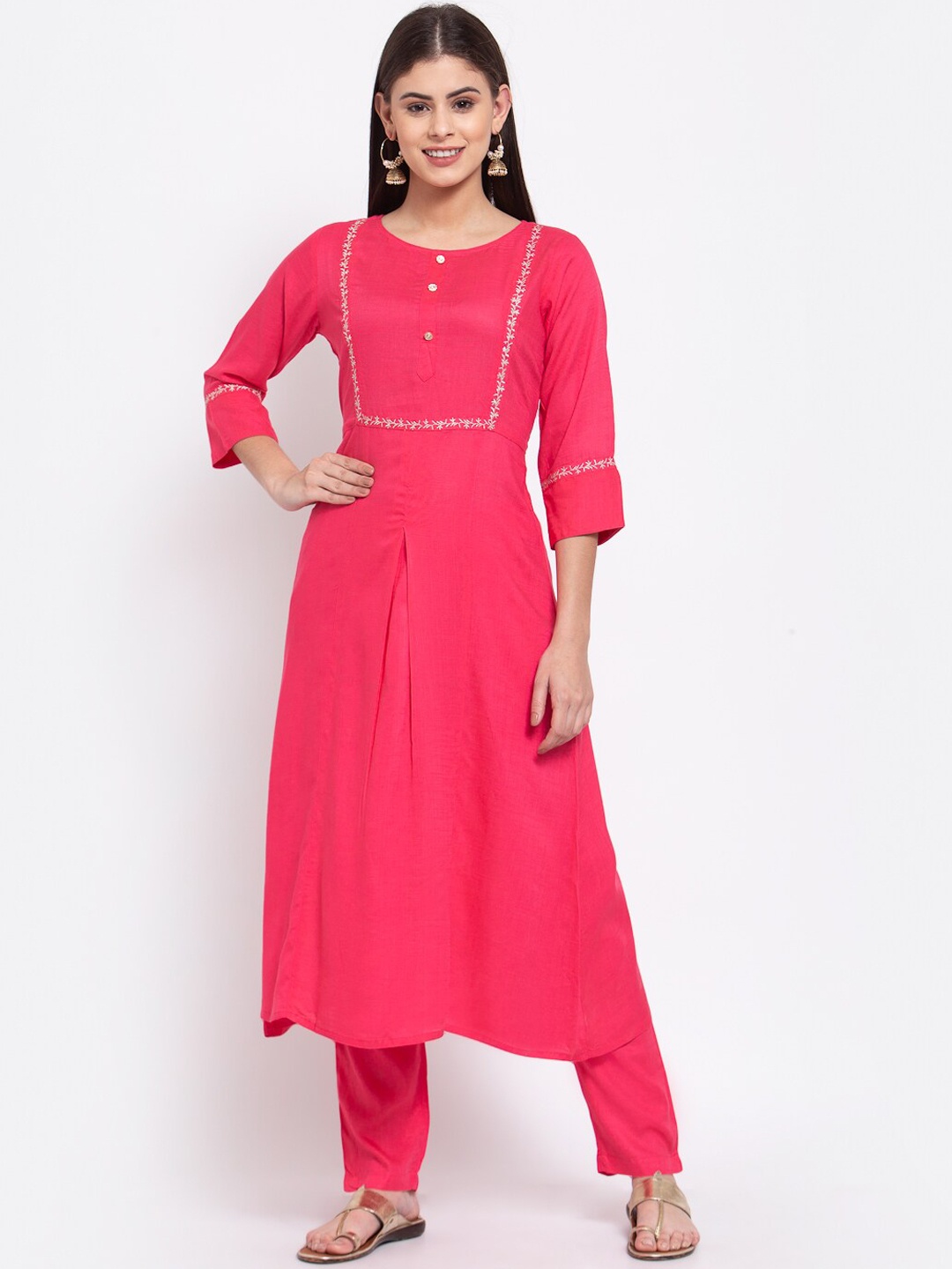 

FabbibaPrints Women Thread Work Kurta with Trousers, Pink