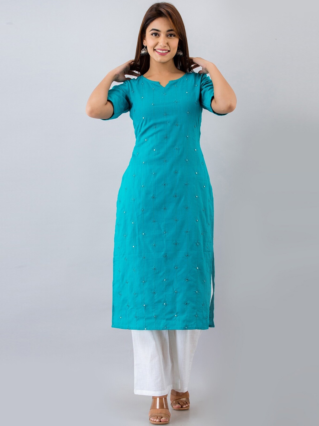 

FabbibaPrints Women Embroidered Mirror Work Kurta with Palazzos, Turquoise blue