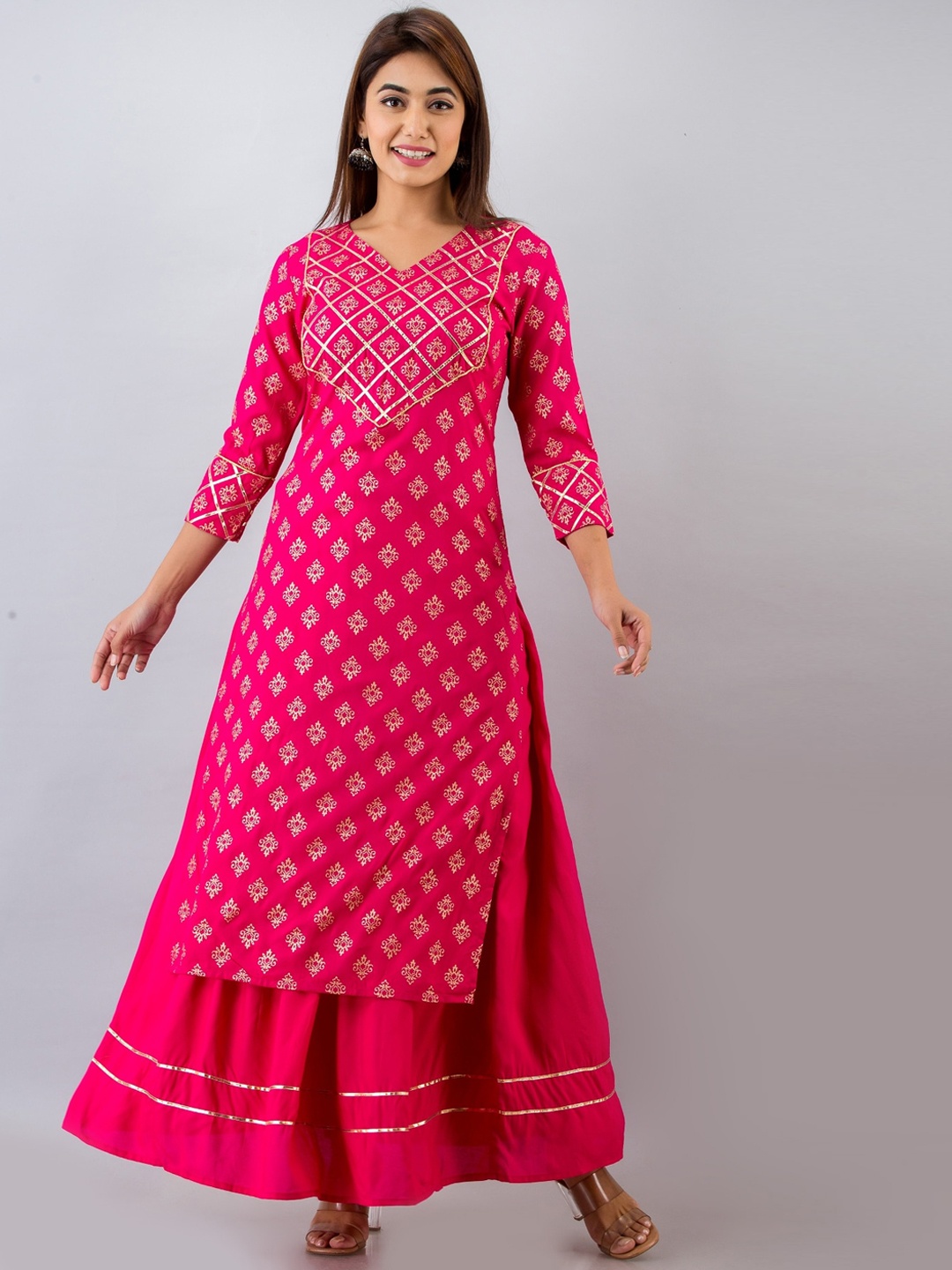 

FabbibaPrints Women Ethnic Motifs Printed Kurta with Skirt, Pink