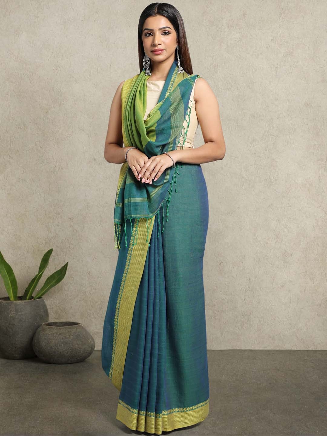 

ArtEastri Pure Cotton Jacquard Saree With Blouse Piece, Teal