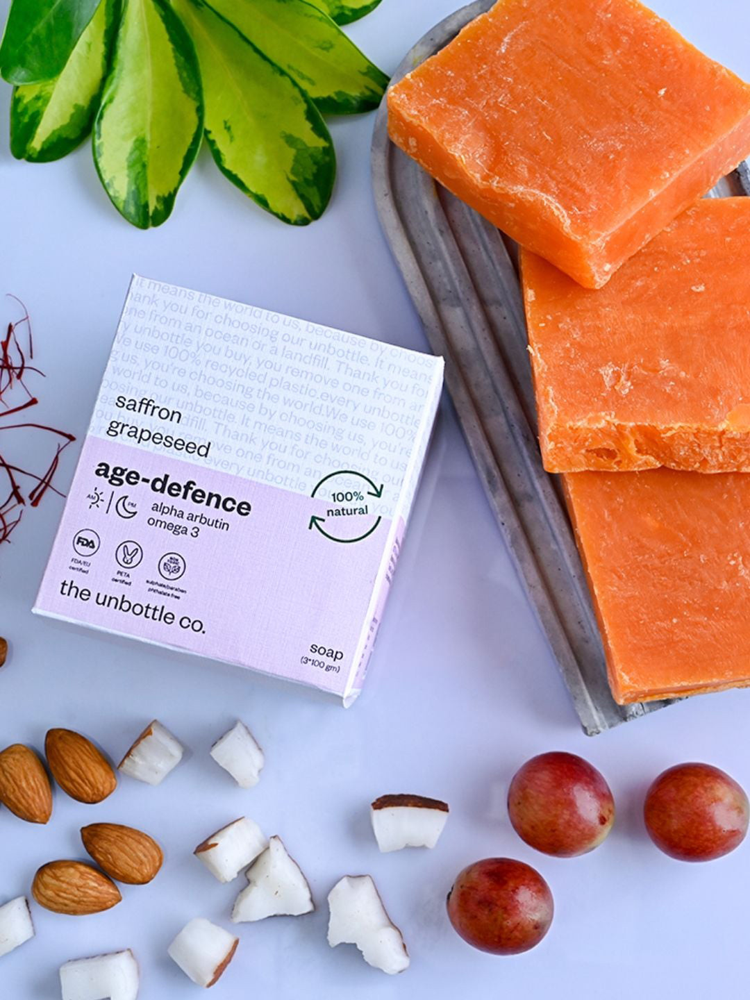 

The Unbottle Co Set of 3 Saffron Grapeseed Agre Defence 100% Natural Soaps - 100 g Each, White