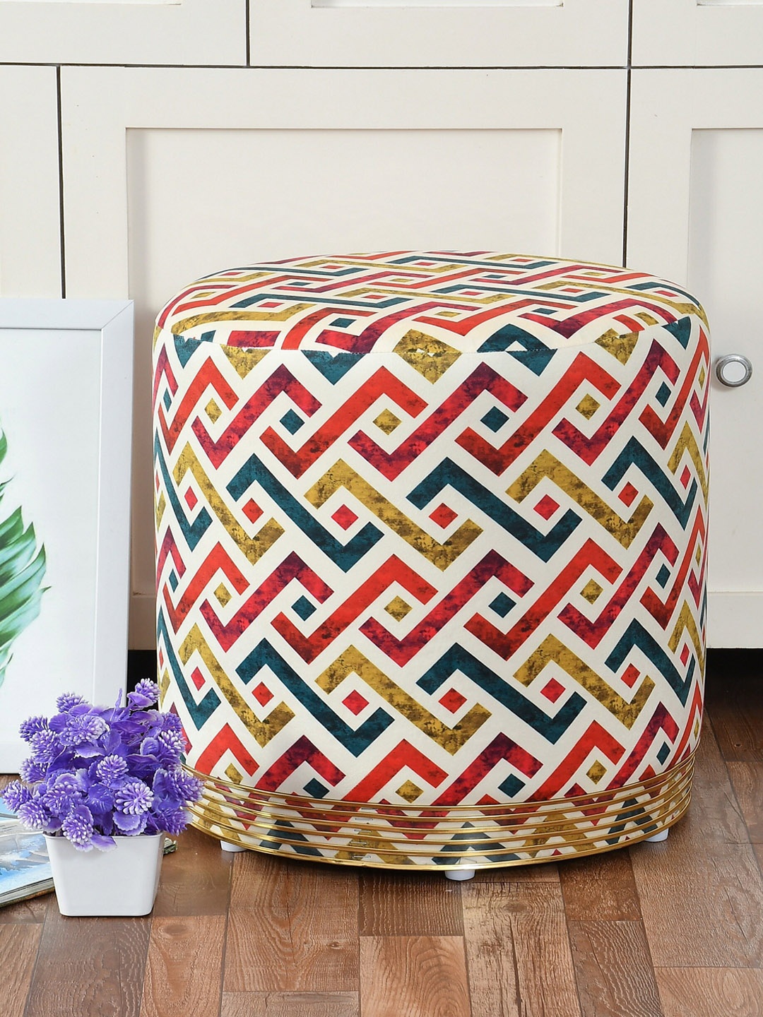 

RIANCE CREATIONS Red & Green Geometric Printed Cylindrical Shaped Velvet Ottomans