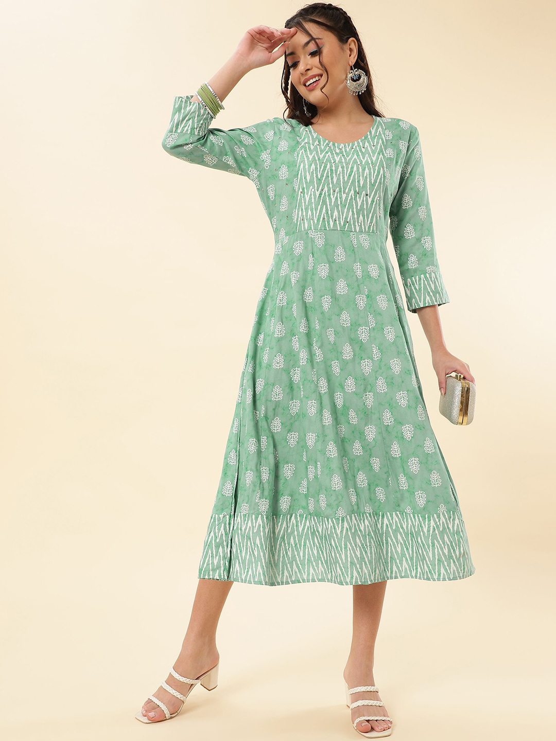 

NAYRAH Ethnic Motifs A-Line Midi Dress, Sea green