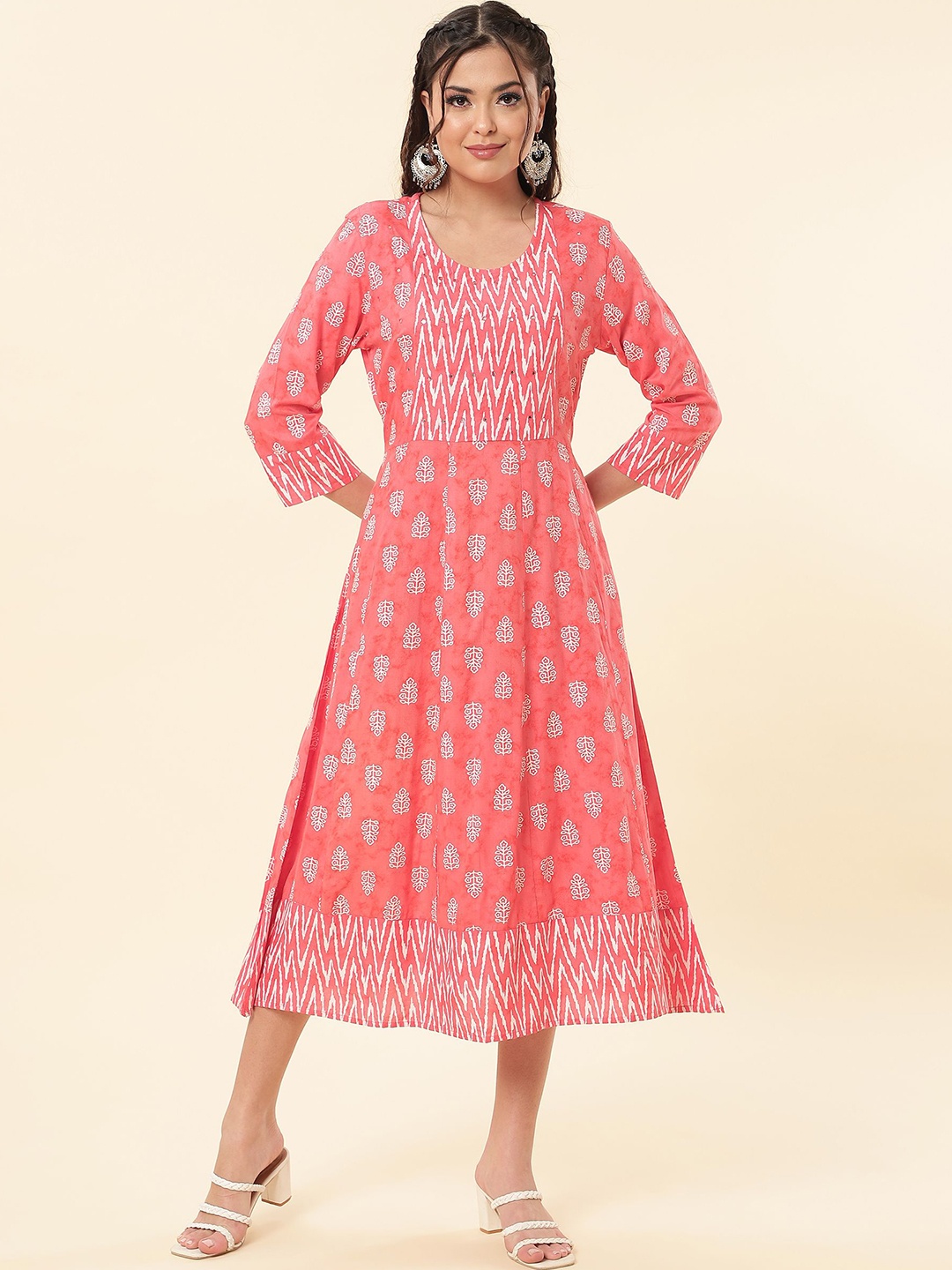 

NAYRAH Ethnic Motifs A-Line Midi Dress, Pink