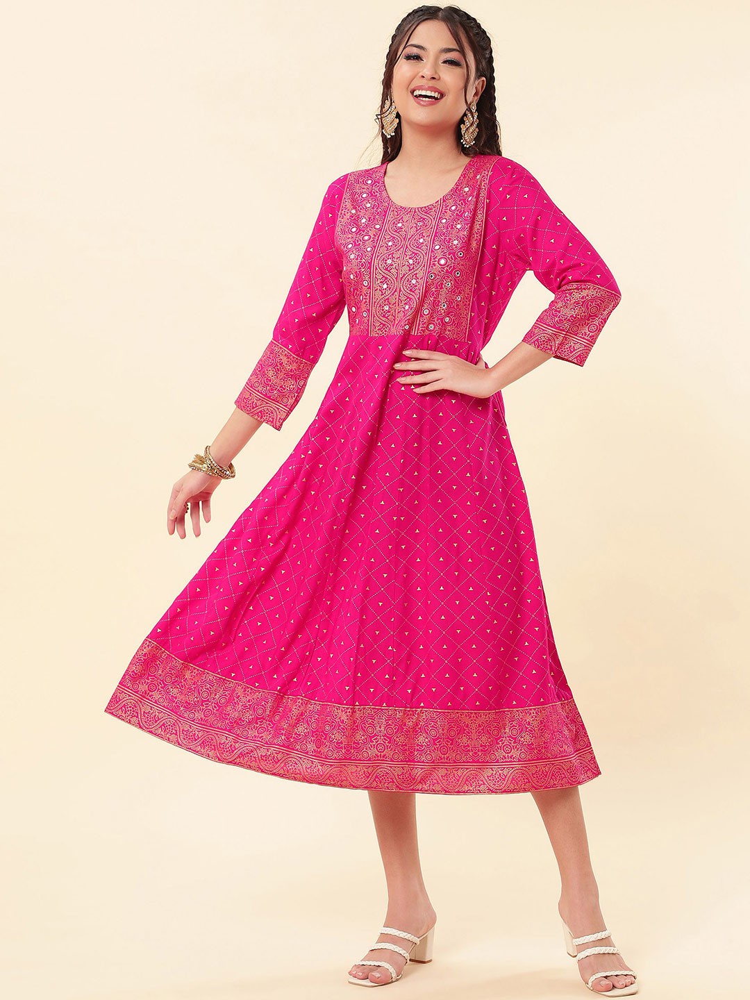 

NAYRAH Ethnic Motifs A-Line Midi Dress, Pink