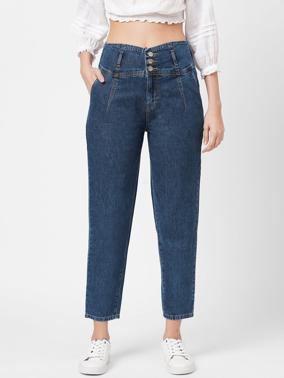 

Kraus Jeans Women Cropped Tapered Fit High-Rise Cotton Jeans, Blue